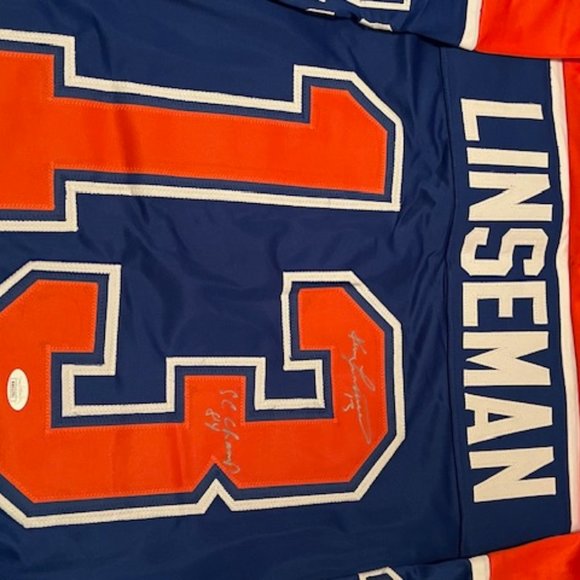 Ken Linseman Edmonton Oilers Autographed & Inscribed Custom Hockey Jersey JSA co - Picture 1 of 3